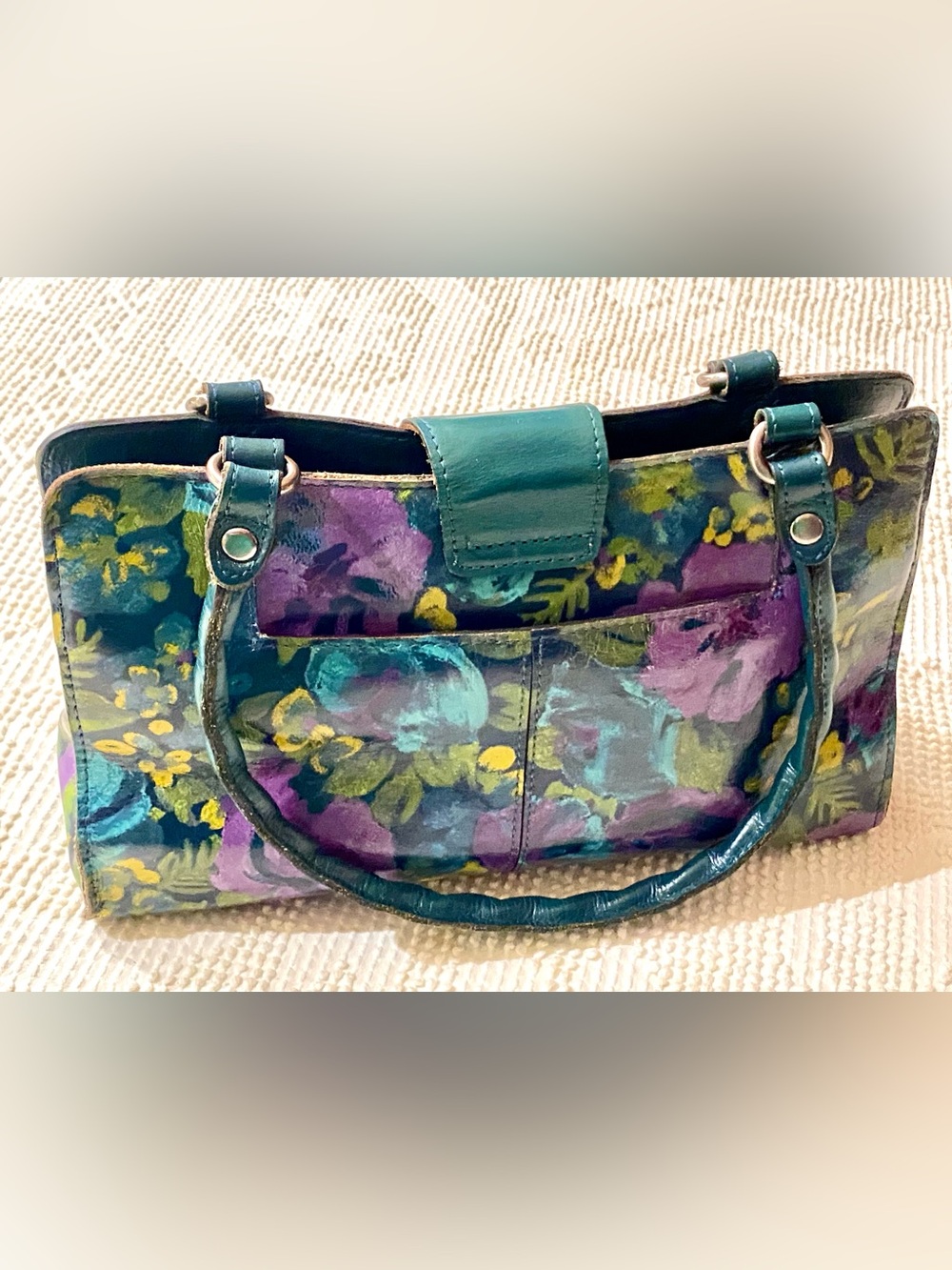 Patricia Nash Leather Satchel Purse Deep Blue Nature Floral Printed Accents - Picture 3 of 16
